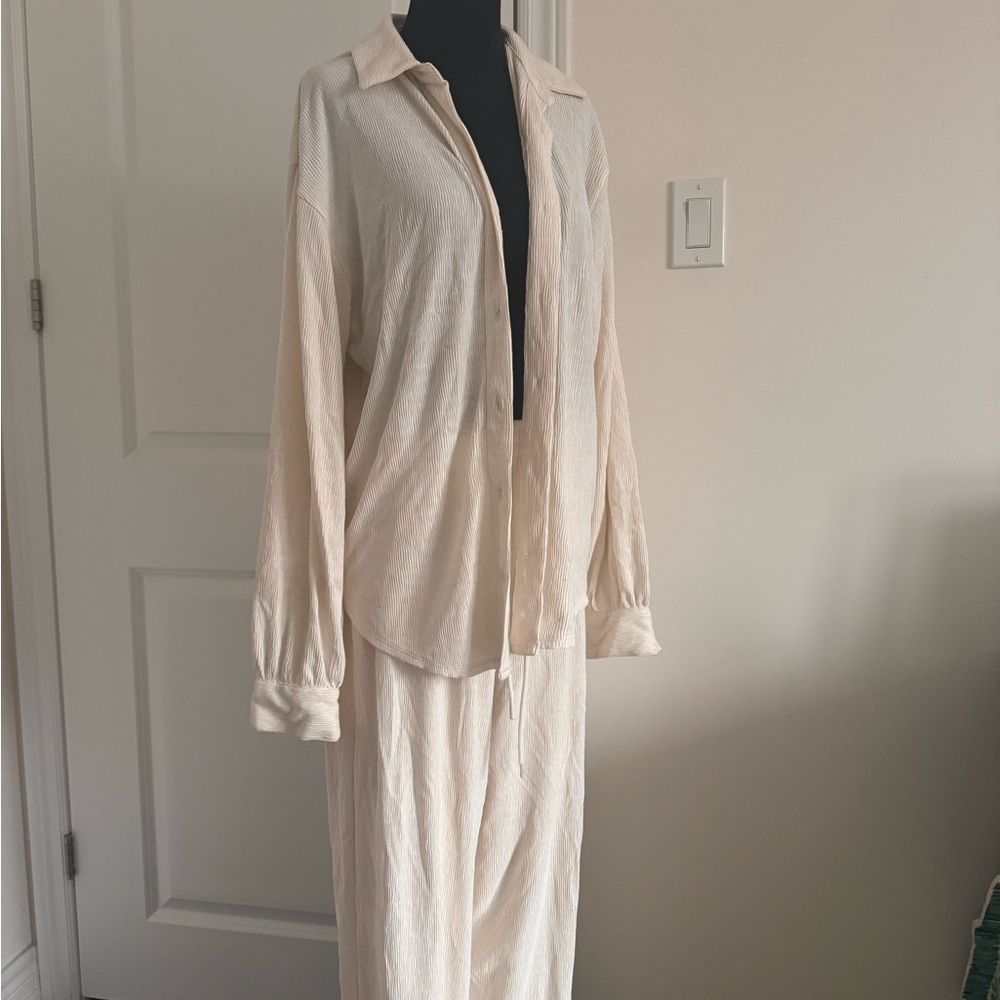 Dynamite Ruffle Trim Lounge Set Button-Up Shirt and Trousers Set